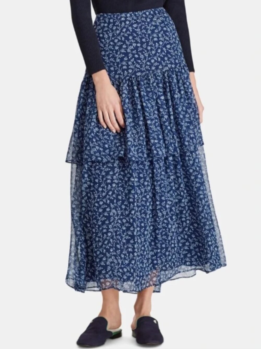 NEW Lauren Ralph Lauren Tiered Maxi Skirt Size M Blue White Cottagecore Feminine